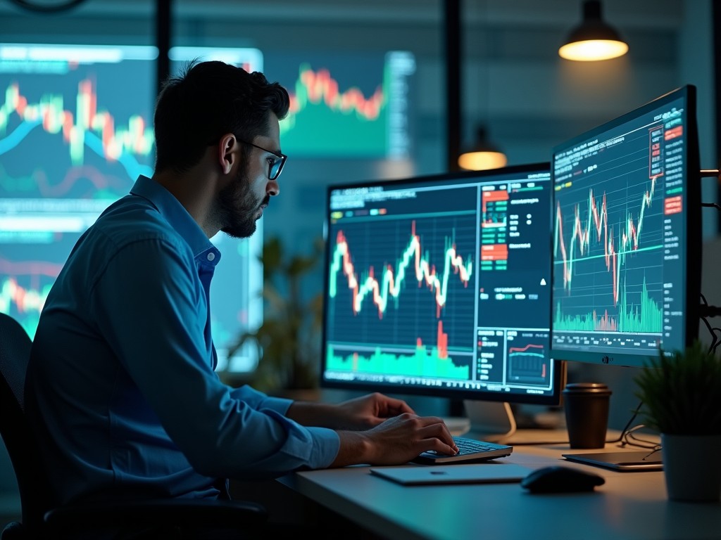 Elliott Wave Theory, Technical analysis, Financial charts, Market trends,Investor psychology, Modern office, Wave structure, 1-2-3-4-5-A-B-C waves, Professional analyst, Data-driven trading
